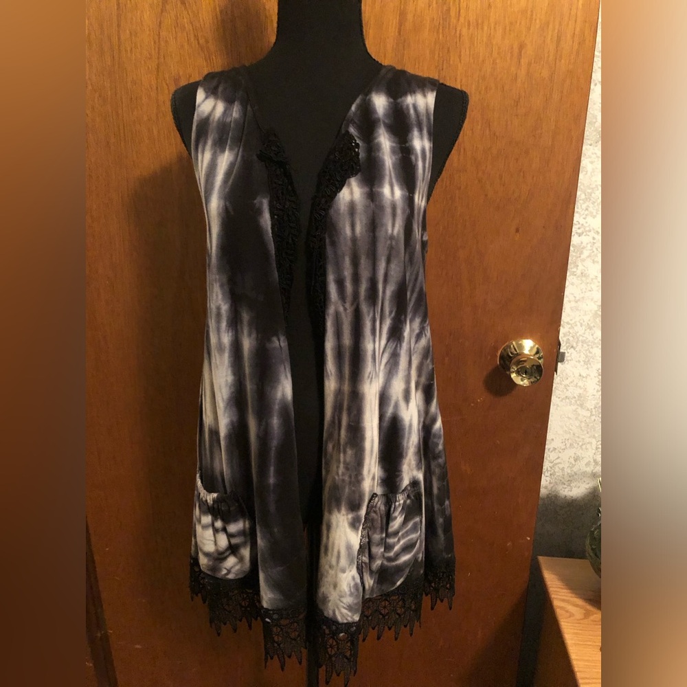 Pure Intent Tie Dye Long Boho Vest with Black Lace Trim - Small/Medium